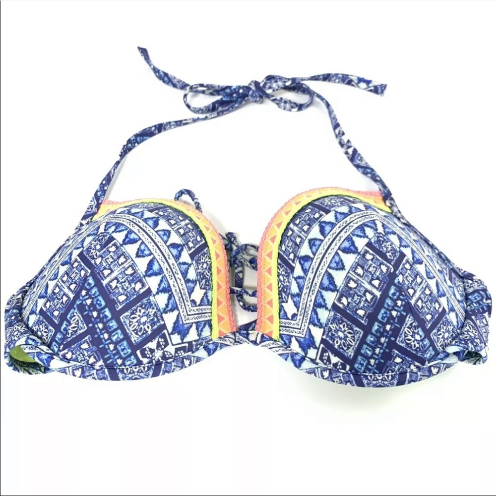 Victorias Secret Bikini Top 36D Fabulous Padded Blue Orange Pink Tribal Aztec